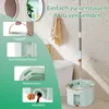 A mop and bucket system is shown in a bathroom setting, with close-up insets highlighting its features. Podgląd zdjęcia produktu