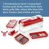 A collection of kitchen cutting tools and their attachments, displayed on a white background. Produktbild-Vorschau