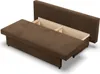 A brown sofa with its sleeping surface pulled out, revealing storage compartments. Produktbild-Vorschau