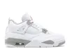 A side view of a white Air Jordan 4 Retro sneaker with gray speckled accents and a red Jumpman logo on the tongue. Produktbild-Vorschau