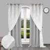 A window with gray curtains and sheer white overlays, tied back with pink ribbons, revealing a garden view. A clock is on the wall. Voir les images du produit