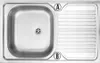 A top-down view of a stainless steel sink with a drain and a ribbed drying area. Podgląd zdjęcia produktu