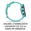 A side view of a turquoise smartwatch with black buttons, placed on a white background with descriptive text below. Podgląd zdjęcia produktu