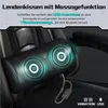 A close-up of a black lumbar support pillow with glowing blue circles indicating massage points, placed on a black chair. Produktbild-Vorschau