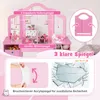 A pink children's vanity table with mirrors and makeup accessories, with additional graphics highlighting features. Anteprima dell’immagine prodotto