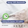 A close-up view of a white fabric product, likely bedding, with loose down and feather filling visible. Produktbild-Vorschau