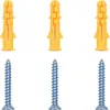 Three yellow wall plugs and three silver screws are arranged in two rows on a white background. Produktbild-Vorschau