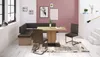 A dining room scene with a corner bench, dining table and chairs on a rug. Produktbild-Vorschau