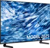 A television screen displaying a dynamic image of waves, with text overlay indicating "MODEL 2025". The TV is on a stand. Produktbild-Vorschau