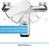 A close-up studio shot of a chrome faucet with text overlay highlighting its features. Produktbild-Vorschau