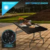 A folding table set up outdoors with food and drinks on it, with promotional text overlays. Produktbild-Vorschau