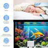 A split image showing a sleeping baby on top and an aquarium with fish and a pump on the bottom, with feature icons on the left. Náhled obrázku produktu