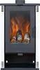 A front view of a white and black fireplace with logs and flames inside. Produktbild-Vorschau