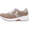 A side view of a single brown and beige sneaker with white laces and a white sole. Produktbild-Vorschau