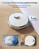 A white robot vacuum cleaner is shown on a wooden floor, demonstrating its edge cleaning technology. Insets show close-ups of the robot and its cleaning function. Produktbild-Vorschau