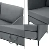 Collage of close-up shots of a gray sofa, showing its fabric texture, cushions, and a pull-out feature. Voir les images du produit