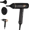 A black Rowenta hair dryer with gold accents, shown with three attachments: a concentrator nozzle, a diffuser, and a smaller, compact hair dryer. Podgląd zdjęcia produktu
