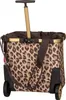 A leopard print shopping trolley with a retractable handle and wheels. Voir les images du produit