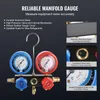 A collage showing a manifold gauge with its features highlighted by text and inset images. Produktbild-Vorschau