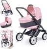 A collage of images showing a toy stroller and its components, along with its packaging. Produktbild-Vorschau