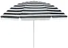 A black and white striped beach umbrella with a white pole, isolated on a white background. Voir les images du produit