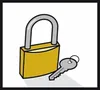 A cartoon illustration of a yellow padlock with its shackle open, next to a silver key. Podgląd zdjęcia produktu