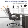 A brown office chair is shown in a room with a desk and filing cabinet. The image highlights the chair's adjustment features with diagrams and text. Produktbild-Vorschau
