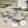 An outdoor patio scene featuring a 5-piece garden lounge set with a round coffee table and a chaise lounge. Podgląd zdjęcia produktu