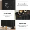 Collage of images showcasing features of a black cabinet, including breathable doors, curved edges, and space for a cleaning robot. Produktbild-Vorschau