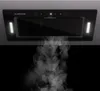 A black range hood with LED lights is shown with steam rising from below, against a black background. Náhľad obrázku produktu