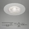 A close-up view of a silver recessed LED light fixture, with technical diagrams below showing its dimensions. Voir les images du produit