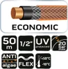 A close-up of a garden hose with various feature icons and text. Produktbild-Vorschau