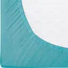 A close-up view of a turquoise fitted sheet with elastic edging, partially covering a white mattress with a wavy pattern. Náhled obrázku produktu