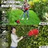 A split image showing two different uses of a weed wacker. The top half shows a person using the weed wacker with wheels attached on a lawn, and the bottom half shows a person using it to trim a hedge. Produktbild-Vorschau