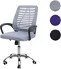 A gray office chair is shown against a white background, with swatches of gray, purple, and black mesh fabric displayed to the right. Podgląd zdjęcia produktu