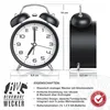 A black analog alarm clock with dimensions and features listed. Anteprima dell’immagine prodotto