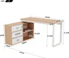 A diagram showing the dimensions of a desk with drawers and shelves. Voir les images du produit
