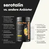 A marketing image comparing 'serotalin' to other providers, featuring a product container and bullet points highlighting benefits and drawbacks. Produktbild-Vorschau