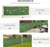 Collage of images showing artificial hedge panels used for indoor decor, terrace decor, and privacy screening in a garden. Produktbild-Vorschau