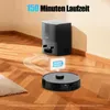 A robot vacuum cleaner is shown on a wooden floor, with its charging station in the background. A battery icon and an arrow indicating movement are overlaid on the image. Produktbild-Vorschau