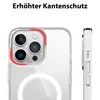 Close-up of a clear phone case with a red highlight around the camera bump, indicating raised edges for protection. A side view of the case is also shown. Produktbild-Vorschau
