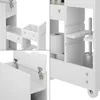 Collage of close-up shots of a white bathroom storage unit, showing different compartments and features. Náhled obrázku produktu