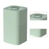 A light green air purifier with a fan on top and perforated sides, shown from the front and with close-up insets of the fan and the side perforations. Produktbild-Vorschau