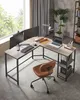 An L-shaped desk with two monitors, a laptop, keyboard, and an office chair in a home office setting. Náhled obrázku produktu