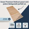 A wooden slatted bed base is shown with marketing text and icons highlighting its features. Produktbild-Vorschau
