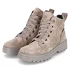 A pair of beige leather boots with gray soles and laces, presented on a white background. Produktbild-Vorschau