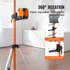 A laser level tripod with a laser level device attached, set up in a room with furniture in the background. The image includes text overlays and inset diagrams highlighting product features. Anteprima dell’immagine prodotto