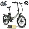 A green folding electric bicycle is displayed on a white background, with accessories and a lock shown separately. Produktbild-Vorschau