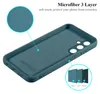 A teal phone case is shown from the back, with close-up insets highlighting its texture and layered construction. Produktbild-Vorschau