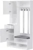 A white hallway storage unit with multiple compartments, drawers, doors, hooks, and a bench with a cushion. Produktbild-Vorschau